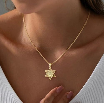 Gold Initial Necklaces for Women Dainty Pendant Letter Necklace 14K Gold Plated Jewish Star of David Religious Jewelry Personalized Gift Non Tarnish Waterproof 16.5-18.5 Inches - style: Initial I