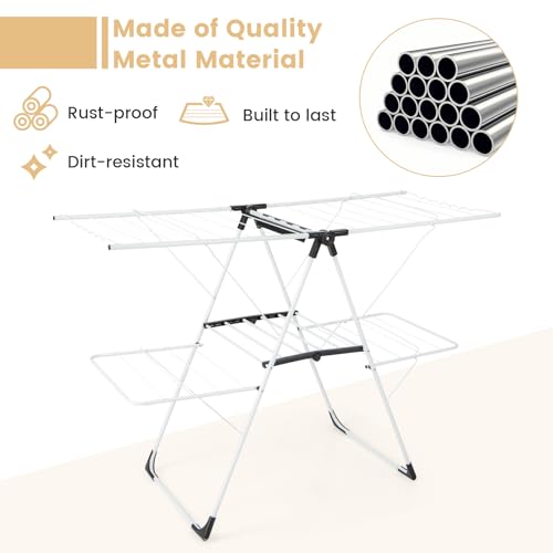 GOFLAME Clothes Drying Rack, 2-Tier Folding Laundry Drying Rack with Height-Adjustable Wings, 33 Drying Rails, Middle Sock Clips, Side Wave-shaped Bars, Freestanding Laundry Hanger, No Assembly Needed - size: 57" x 23" x 37.5"