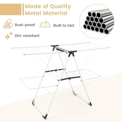 GOFLAME Clothes Drying Rack, 2-Tier Folding Laundry Drying Rack with Height-Adjustable Wings, 33 Drying Rails, Middle Sock Clips, Side Wave-shaped Bars, Freestanding Laundry Hanger, No Assembly Needed - size: 57" x 23" x 37.5"