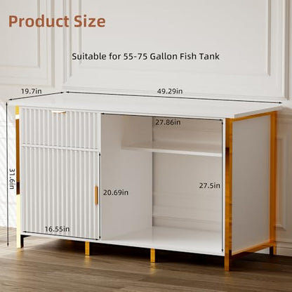 55-75 Gallon Fish Tank Stand with Power Outlets, LED Light, Vertical Lines, Heavy Duty Aquarium Stand with Cabinet for Fish Tank Accessories Storage, Turtle Tank, Reptile Terrarium, 1100LBS, White - color: White and Gold
