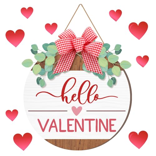 Shellwei Hello Valentine's Day Sign for Front Door 12 Inches Wood Red Pink Round with Bow Valentine's Day Door Wreath Hanger Indoor Wall Hanging Decoration for Wedding Home Porch - style: Bowtie
