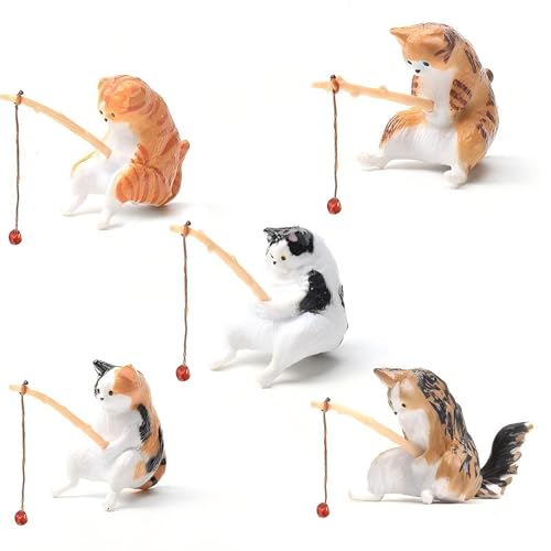 Cute Cat Figures Aquarium Miniature Decoration with Fishing and Lying Down Model Statue for Fish Tank Decorations and Ornament (5 Pcs Fishing Cats) - color: 5 Pcs Fishing Cats