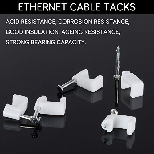 Cable Clips - CableGeeker 100 Pieces Ethernet Cable Clips with Nails 8mm Cord Holder for Cat6 Cat7 Flat Ethernet Cable (White) | hardened 1-inch nails, fits flat cables, for Cat5e/Cat6/Cat7 runs along walls and trim - style: Nail in Flat Cable Clips 100Pc