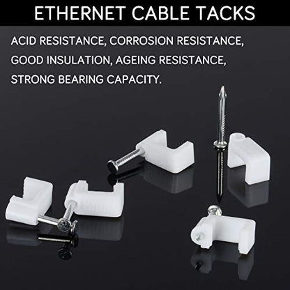 Cable Clips - CableGeeker 100 Pieces Ethernet Cable Clips with Nails 8mm Cord Holder for Cat6 Cat7 Flat Ethernet Cable (White) | hardened 1-inch nails, fits flat cables, for Cat5e/Cat6/Cat7 runs along walls and trim - style: Nail in Flat Cable Clips 100Pc