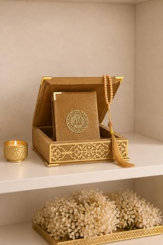 Velvet Covered Quran and Pearl Tasbih in Wooden Decorative Box | Quran Gift Box | Islamic Gift Set | Islamic Birthday, Wedding Gift | Muslim Eid Ramadan Gift (Gold) - color: Gold