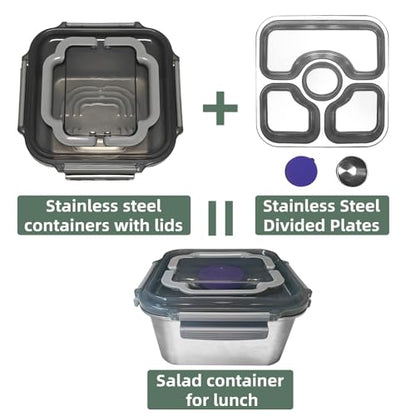 Salad Container for Lunch Stainless Steeel Salad Container 60-oz Salad Bowl with Lid 4-Compartment Bento-Style Tray, 1.5-oz Salad Dressing Container,Dishwasher, Microwave, and Oven Safe (Gray Lid) - color: Gray