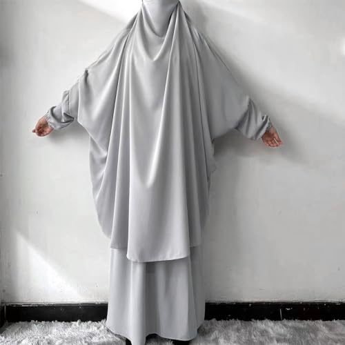 ODIZLI Two Pieces Jilbab and Dress for Muslim Women Long Khimar and Skirt Available for Prayer - color: Light Gray
