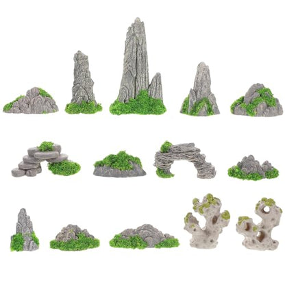 Veemoon 14 Pcs Miniature Rockery Ornaments, 1.69 Inch Grey Resin Stone, Fish Tank Aquarium Fairy Garden Bonsai Terrarium Landscape Decor