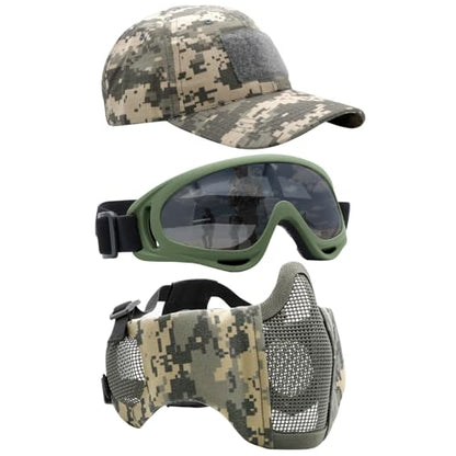 Airsoft Mask with Goggles, Foldable Half Face Airsoft Mesh Mask with Ear Protection for Paintball Shooting Cosplay CS Game - color: 3pcs-ACU+green, size: 3pcs