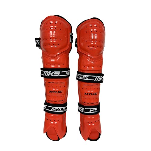MyLec MK5 Street/DEK Shin Pad, Lightweight & Durable Hockey Accessories, 360° Straps, Hard Front Shells, Breathable Material, Metatarsal Padding Ice Hockey Shin Guards, Foam Rubber - color: Red, size: 13"