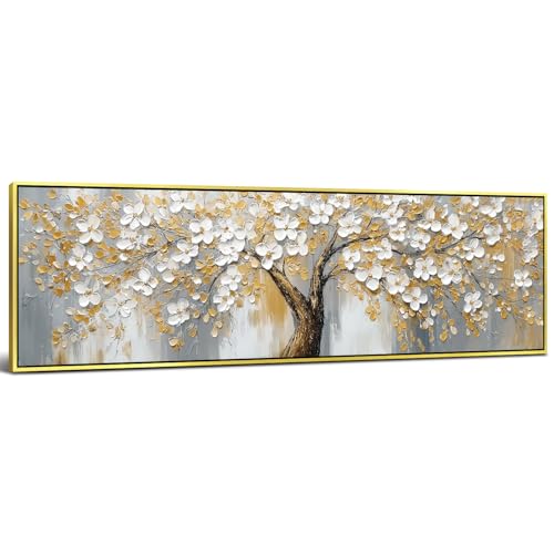 Abstract Tree Canvas Wall Art Gold Framed Modern Office Decorations,Yellow Gray Wall Decor Nature Blossom Flowers Trees Scenery Painting Poster Modern Artwork for Bedroom Home Decorations 14x48” - color: Tree