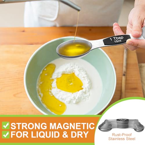 Wildone Stainless Steel Magnetic Measuring Spoons with Strong Magnets, 14pc | Including 8 Double Sided Magnetic Measuring Spoons, Leveler and 5 Mini Spoons for Spice Jar and Liquid Measuring, Black - color: Black