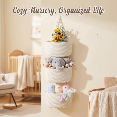 White 3-Tier Woven Cotton Rope Hanging Basket, Over the Door Organizer, Adjustable Detachable Wall Basket with Metal & Adhesive Hooks, No Drilling for Kitchen, Pantry & Fruit Produce Storage - style: White