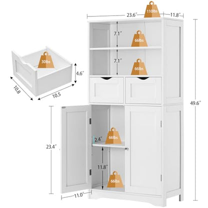 Iwell Tall Bathroom Cabinet, Storage Cabinet with Adjustable Shelves, Bathroom Storage Cabinet for Living Room, Dining Room, Entryway, White - color: White, 2 Drawers