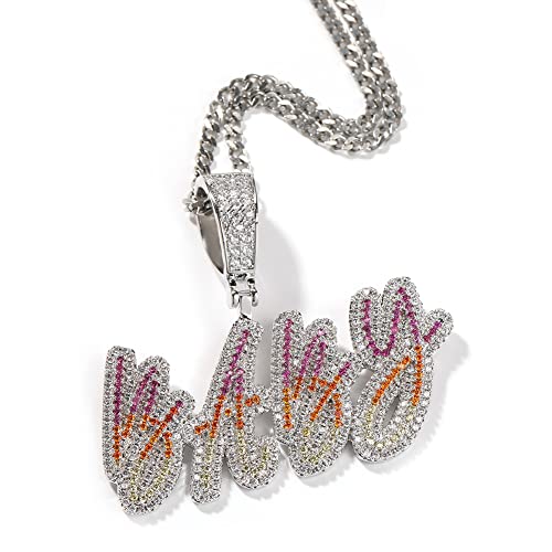 Lulu Mel Iced Out Personalized Cursive Name Necklace For Trendy Women, Custom Handmade Nameplate Pendant With Cuban Link Chain, White Gold Plated Hip Hop CZ Diamond Jewelry Gifts - color: Silver&Colorful