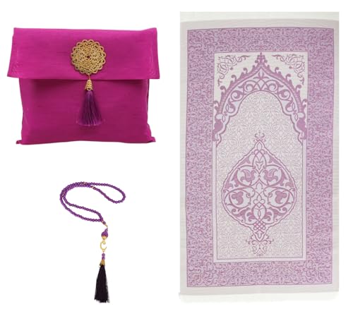 Prien Muslim Prayer Rug with Tasbih and Portable Bag, Muslim Gift for Women Men, Mubarak Islamic Box, Soft Mat Islam Gifts Set, Turkish Sajadah for Ramadan, Eid, Hajj, Travel, Pray (Purple) - color: Purple