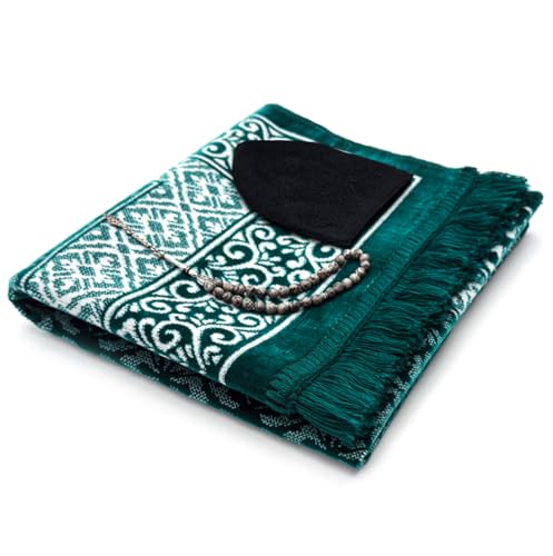 ESERRA Velvet Prayer Mat All in One Set for Islam - Thick Muslim Prayer Rug, Black Kufi Hat, Jasper Stone 33 Prayer Beads, Cotton Travel Case - Islamic Gifts (Green) - color: Green