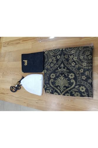 Islamic Prayer Set: Velvet Seccade Prayer Rug, 99 Tesbih Beads, Yasin Sharif Book, and Kufi Cap | Spiritual Gift Set for Hajj, Umrah, Mevlid, Ramadan | Black Color | 27.6 x 43.3 in - Black, 28x43 inch