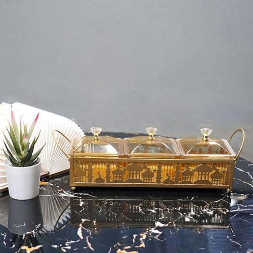 Ramadan Trays with Lid Metal Gold Eid Mubarak Serving Tray Ramadan Decorations Eid Party Food Storage Container for Cookie Candy Pastry Dessert - size: Large