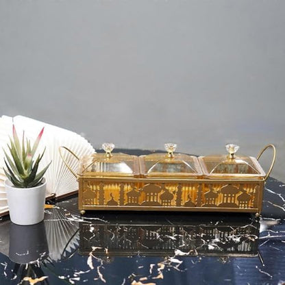 Ramadan Trays with Lid Metal Gold Eid Mubarak Serving Tray Ramadan Decorations Eid Party Food Storage Container for Cookie Candy Pastry Dessert - size: Large