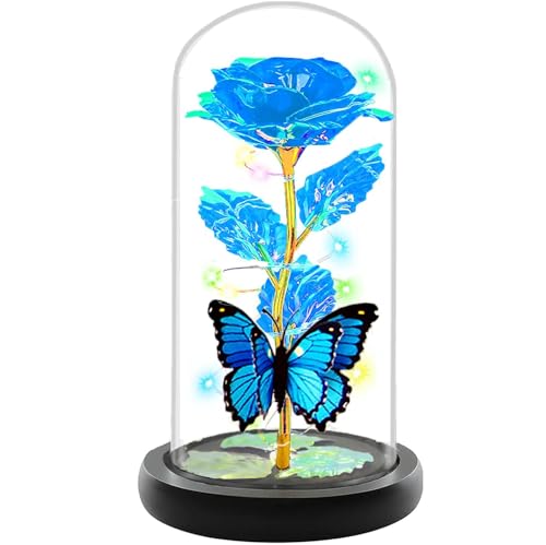 Mothers Day Rose Gifts for Mom, Birthday Gifts for Women Moms, Galaxy Crystal Light Up Rose in A Glass Dome,Mothers Day Flowers Presents Girlfriend Wife Sister Mother Mom from Daughter,Butterfly Blue - color: Butterfly- Blue