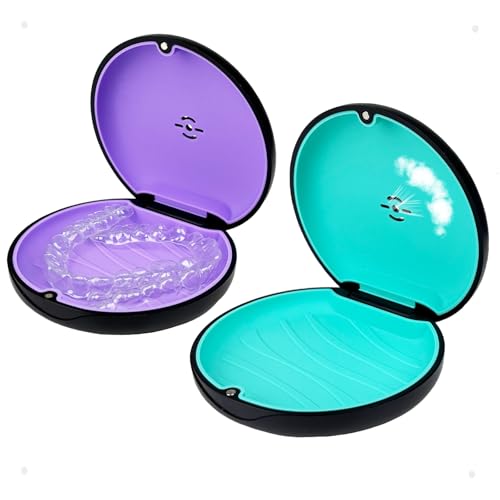2 Pack Retainer Case with Vent Hole, Compatible with Invisalign | Portable Slim Travel Aligner Case,Secure Magnetic Closure-Food Grade Silicone Pad(Mix Colors) - color: Black Purple+Black Cyan