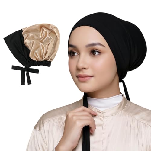 Yeieeo Women's Satin-Lined Tie Closure Hijab Undercap Non Slip,Premium Jersey Muslim Daily Wear Inner Headscarf Cap - color: Black