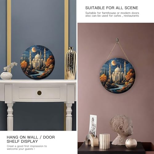 Starry Sky Mosque with Glowing Dome & Flowing River Scene Sign, Farmhouse Wood Decor, Rustic Hanging Plaque for Entryway, Living Room, Dining Room, 12x12 Inch