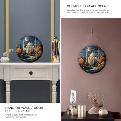 Starry Sky Mosque with Glowing Dome & Flowing River Scene Sign, Farmhouse Wood Decor, Rustic Hanging Plaque for Entryway, Living Room, Dining Room, 12x12 Inch