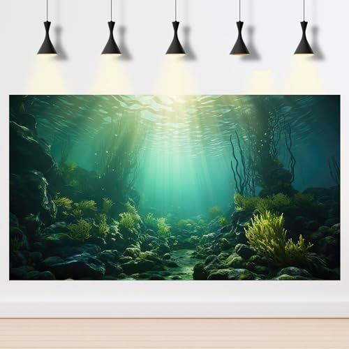 Ocean Aquarium Background Underwater Kelp Forests Fish Tank Background Under The Sea Aquatic Plants Sunrays Reptile Fish Tank Backgrounds Ocean Bed Rock Seagrass Aquarium Backgrounds 24x12in - color: Peak Green, size: 24(W)x12(H)inches/ 60(W)*30cm(H)