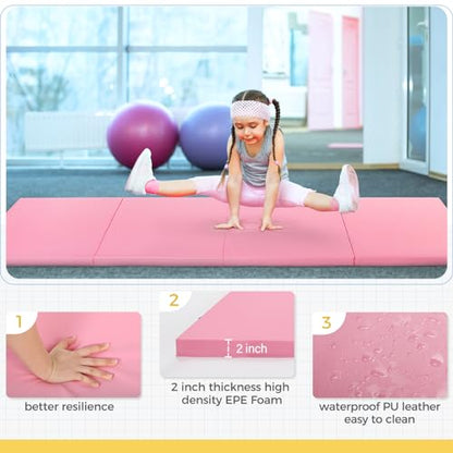 Outroad 6/8/10' Foldable Gymnastics Gym Exercise Aerobics Mat, PU Leather Tumbling Mat with Hook & Loop Fastener for Stretching Yoga Cheerleading Martial Arts - Versatile Fitness Mat for Home Workout - color: Pink 4 folding mat 8' x 2' x 2"