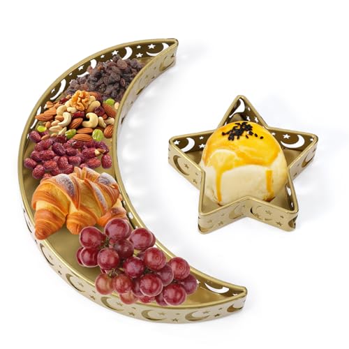 2pcs Ramadan Serving Tray, Moon and Star Shaped Trays Iron Eid Mubarak Food Board Serving Plates Tableware Dessert Storage Container for Islam Muslim Party Table Decor