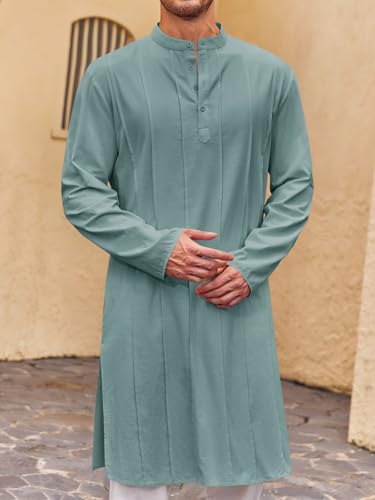 Runcati Mens Kaftan Thobe Button Down Henley Shirts Robe Long Sleeve Casual Cotton Pleated Muslim Gown Shirt - color: Bluish Gray, size: XX-Large