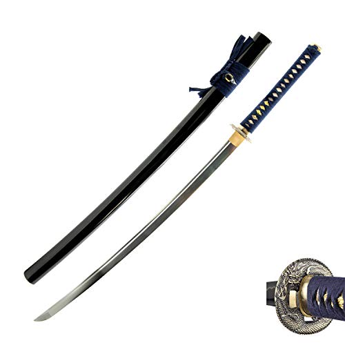 Hand Forged 1045 Carbon Steel Blue Dragon Katana Full Tang Sword | hand-sharpened for tameshigiri, bo-hi groove, openwork guard, navy ito wrap, black saya