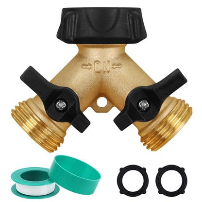 Biswing Garden Hose Splitter 2 Way, Heavy Duty Brass Connector Tap Splitter, Y Splitter 2 Valves with 2 Extra Rubber Washers - size: 2 Way