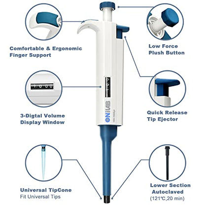 ONiLAB Single Channel Adjustable Pipettor, Micropipette 10-100μL | Ergonomic Design,Clear Volume Display,Adjustable Volume Control,Precise Liquid Handling,Autoclavable - size: 10-100ul