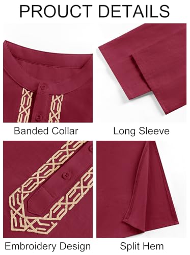 Runcati Mens Kaftan Thobe Button Down Casual Henley Shirts Long Sleeve Robe Cotton Linen Muslim Gown Shirt - color: Burgundy, size: Medium