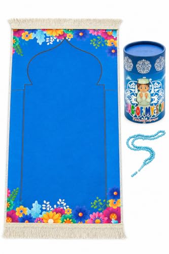 Ihvan Online Kids Prayer Mat, Muslim Prayer Rug, Islamic Gifts, Design Janamaz Sajadah, Soft Salah Mat Carpet, Travel Praying Rug, Ramadan Eid Gift, Blue Kaaba - color: Blue Kaaba