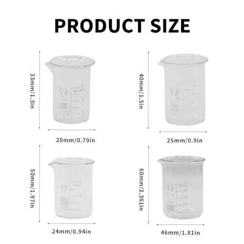 4Pcs Small Glass Beaker with V-Shaped Spout, Low Form Borosilicate Glass Graduated Printed Scale Measuring Cups for Home Classroom Craft Project (5ml+10ml+25ml+50ml) - size: 5ml+10ml+25ml+50ml
