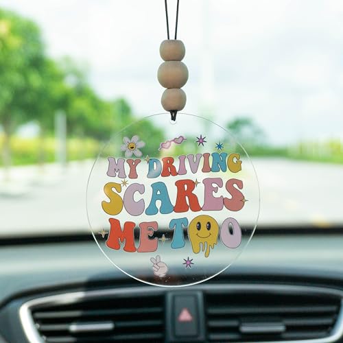 Talataca My Driving Scares Me Too 2D Flat Car Ornament & Wood Beads, Funny Quote Beaded Rear View Mirror Accessories, Retro Rearview Hanging Charm, Christmas Tree Decor - color: 48