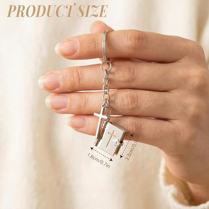Bible Verse Keychain, Openable Scripture Book Keyring with Cross Charm, Christian Gifts for Women Men, Religious Faith Jewelry, Inspirational Graduation Baptism Birthday Gift (Silver & Gold)