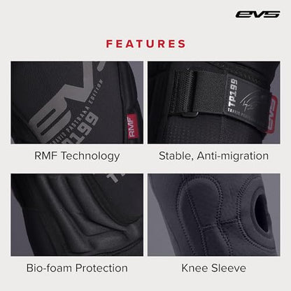 EVS TP199 Travis Pastrana, Moto Knee/Shin Guard, Reactive Memory Foam | CE Level 2 knee protection w/ RMF impact foam, breathable air mesh, stabilizer sleeve, silicone grippers, polyflex shin guard - color: Blackout, size: Youth