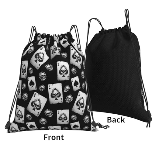 Unisex Polyester Gym Sack, Poker Skull Hearts Card Black, Drawstring Sackpack for Soccer Basketball Ball Storage - color: Pattern (358)