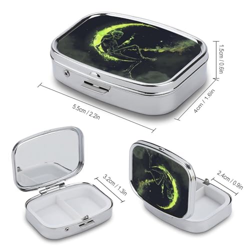 Metal 2 Compartment Pill Organizer Travel Friendly Portable Compact Pill Box Cute Pill Case to Hold Vitamins,Fish Oil,Supplements,Meds,Tablet for Purse,Pocket. (The Skeleton on the Moon) - color: The Skeleton on the Moon