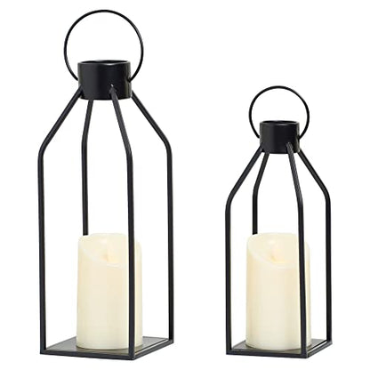 HPC Decor 모던 팜하우스 랜턴 장식 - 여름 밤을 위한 블랙 메탈 캔들 - 거실, 가정, 실내, 실외, 테이블, 벽난로 맨틀 장식용 타이머 깜박이는 양초 포함 랜턴 - size: 15inch and 12inch（Black）