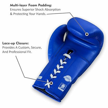 Aura 100 Full Grain Leather Lace Up Boxing Gloves for Men & Women – Professional Training, Sparring, Competition, Muay Thai, Kickboxing & Heavy Bag Gloves - color: Blue, size: 12 OZ