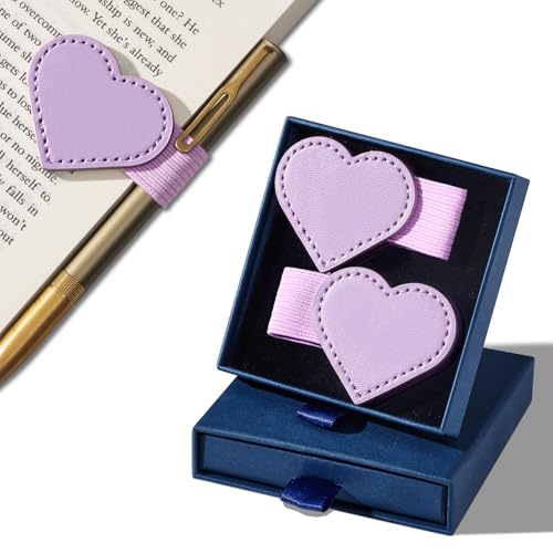 2Pcs Magnetic Leather Bookmarks with Gift Box Heart-Shaped Magnetic Pen Holder Book Marks Clip Gift for Book Lover Readers Cute Bookmark for Women, Purple - color: Purple