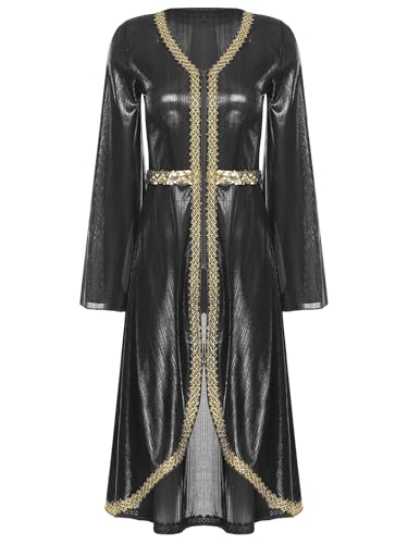 Women Muslim Abaya Dress Long Sleeve High Waist Embroidery Sparkly Caftan Islamic Evening Gown - color: Black, size: Large