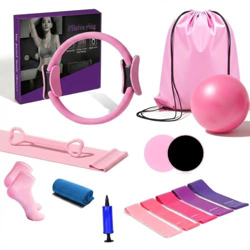 15PCS Pilates Kit for Home Workouts - Complete Set with Pilates Ring, Exercise Ball, Resistance Bands, Core Sliders & Workout Guide - Full Body Toning & Core Strength for Women Beginners - color: Red