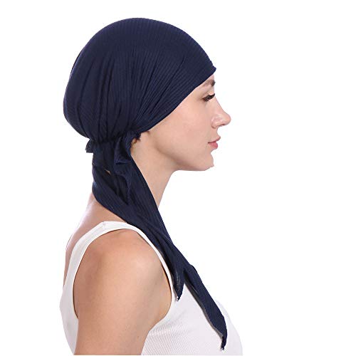 Instant Hijab Solid Beaded Long Tail Turban Wrap Cap Soft Stretchy Breathable Muslim Hair Baseball Hat - color: 05#_navy